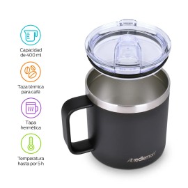 Redlemon Termo para Café de Doble Pared de Acero Inoxidable (400 ml), Taza Térmica con Tapa Hermética, Vaso que Mantiene tu Bebida Caliente por 3 Horas y Fría por 5 Horas, Ideal para Viaje y Camping