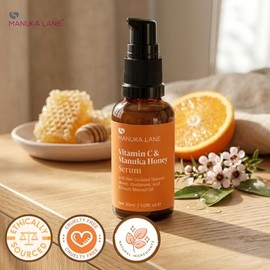 Suero de vitamina C para cara y cuello con ácido hialurónico, miel de manuka y aceite de almendras dulces | Fórmula a base de plantas | Cuidadosamente