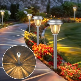 DERAYSION Solar Lights Outdoor Waterproof, Brushed Stainless Steel Glass Solar Pathway Lights, Auto On/Off Long-Lasting Outdoor Solar Lights for Garden, Landscape, Path, Yard 6 Pack