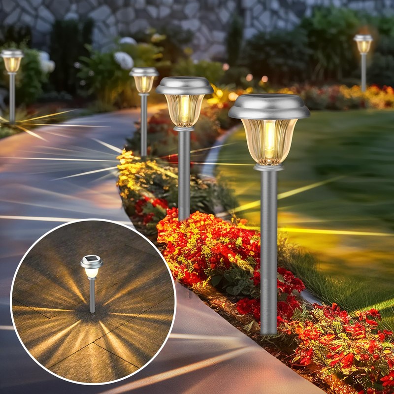 DERAYSION Solar Lights Outdoor Waterproof, Brushed Stainless Steel Glass Solar