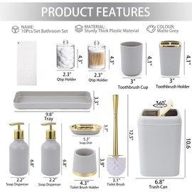XLHOMO Grey and Gold Bathroom Accessories Set - 10 Piece Bathroom Sets with Trash Can and Toilet Brush, Soap Dispenser, Toothbrush Holder and Cup, Soap Dish, Qtip Holder, for Housewarming Present