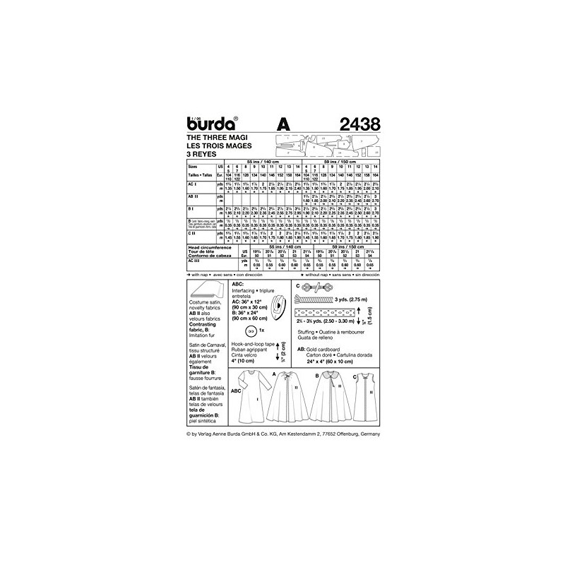 Burda Dressmaking Pattern 2438 3 Kings Size 104 - 164