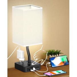 Alimentata Alimentata Bedside Table Lamp, Touch Control Nightstand Bedroom Lamp with USB C & USB A Charging Ports, 2 Way Outlets, Minimalist White Fabric LED Desk Night Light for Living Room Office