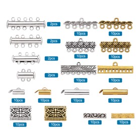 Pandahall 148 Pcs Tube Brass Slide On End Clasp & 2-5 Strands Jewelry Slide Lock Clasps & Tibetan Style Alloy Links/Connectors & Rectangle Spacer Beads for Bracelet Necklace Jewelry Making