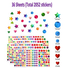 2052 pcs Foil Star Round Heart Metallic Stickers 36 Sheets Small Stickers for Reward, Sparkly Holographic Stickers for Behavior Chart, Student Planner Chart DIY (2052 pcs(Star+Round+Heart))