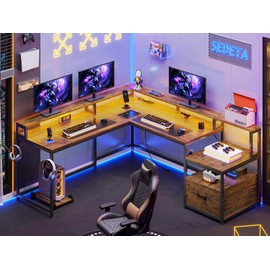 SEDETA L Shaped Desk, 66" Home Office Desk with File Drawer & Power Outlet, Gaming Desk with Led Lights, Corner Computer Desk with Monitor Shelf, Printer Storage Shelves, Two Person Desk, Rustic Brown