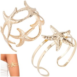 CABODYALS 2 Styles Starfish Shell Gold Cuff Bracelet Boho Summer Beach Sea Coral Upper Arm Cuff Bangle Bracelets Open Coil Adjustable Metal Arm Jewellery for Women Party Clubs Dresses Decor Costume