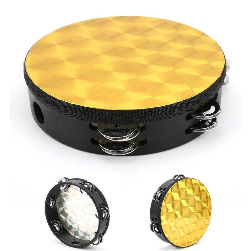Hand Tambourine Double Row Percussion Polyester Drum Skin Solid Wood