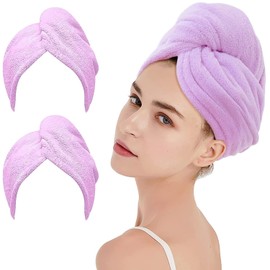 2 Pack Microfiber Hair Towel Wrap AUMA Super Absorbent Twist Turban for Women Fast Drying Hair Caps with Buttons for Drying Curly, Long & Thick Hair Anti Frizz (Light Purple)…