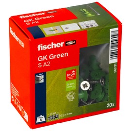 fischer Gipskartondübel GK Green S mit Edelstahlschraube A2, nachhaltige Gipskartondübel, für eine schnelle Montage in Gipskarton, 20 Dübel und 20 Schrauben, inklusive GK-Setzwerkzeug