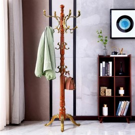 SEMIR Wood Coat Rack Natural Birch Entryway Coat Rack with 10 Hooks and Triangular Base Coat Tree to Hang Hats Jackets Bags Handbags