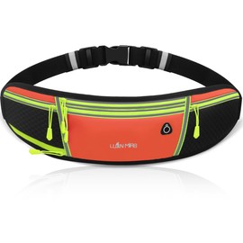 QEWORANE Running Belt for Women & Men Water Resistant Fitness Waist Pack with Phone Pocket & Water Bottle Holder Adjustable Reflective Jogging Belt for Running, Hiking, Gym (Orange)