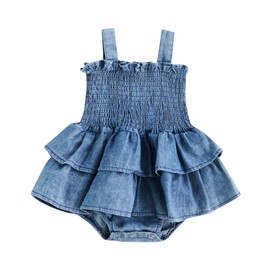 BULINGNA Newborn Baby Girl Outfits Sleeveless Bow Tie Up Front Smocked Bubble Romper Infant Denim Jumpsuit (Light Blue, 3-6 Months)