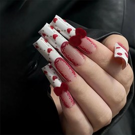 MERVF Long Square Press on Nails White French Tip Fake Nails Heart Glue on Nails Bow with Fluffy Design Press ons Squoval Cute Acrylic Nails for Women Glossy 24pcs