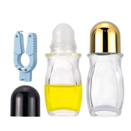 Kesell 2Pack 50ml Clear Glass Roller Bottles Refillable Roll On Bottles for Essential Oils with Opener Roller Ball Deodorant Container for Perfume(Gold and Black Caps)
