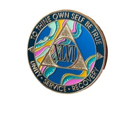 46 Year AA Medallion Marble Tahiti Teal Pink Gold Sobriety Chip, 33mm, Metal