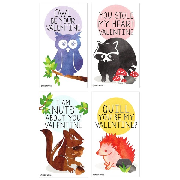 Mini Chipmunk, Owl, Raccoon, Hedgehog Woodland Animal Valentines (Wallet-Sized Cards with Tiny Envelopes) for Valentine's Day by Nerdy Words (Set of 32)