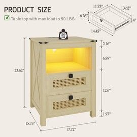 Dystler Nightstand with Charging Station, Farmhouse End Side Table with 2 Drawers for Bedroom, Smart Night Stand with 3 Color LED Light and Human Sensor, Wood Rustic Bedside Table, Natural