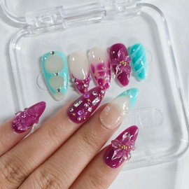 Handmade Press on Nails Almond Medium 3D Floral French Tip Thick Acrylic Fake Nails False Nails with Ice Flower Rhinestones Water Ripple Designs Purple&Blue Sturdy Nail Art Press on Nails 10Pcs(M)