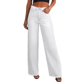 Sidefeel Women's Wide Leg Jeans High Waisted Stretchy Raw Hem Denim Pants Size 8 White