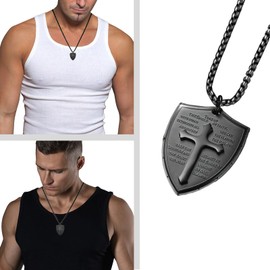 MERTTURM Men's Cross Necklace, The Armor of God Shield Ephesians 6:16-17, Black Silver Gold Cross Stainless Steel Pendant Jewellery, Gifts for Christian Jesus Boys/Husband/Lovers, Stainless Steel