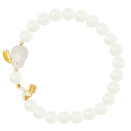 Fuqimanman2020 Classical Hetian Jade Gold Leaf Rabbit Stretch Bracelet Natural Stone Strand Temperament Layered Adjustable for Women Feng Shui New Year Lucky Jewelry-A