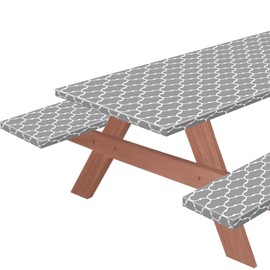 Picnic Table Cover with Bench Covers Waterproof Camping Tablecloth Flannel Backing Elastic Edge Wipeable Plastic Cover Vinyl Tablecover Fitted 30''x72'' Rectangle Tables (Grey Moroccan, 6 FT)