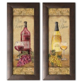 2 Vintage Tuscan White and Red Wine Bottle and Grape Set; Two Brown framed 6x18in Prints; Ready to hang!