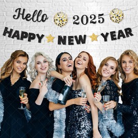 Glitter Hello 2025 Happy New Year Banner Decorations Black New Years Eve Banner Sign Party Supplies 2025 Happy New Year for Happy New Year Decorations Party Supplies 2025 Home Holiday Decorations