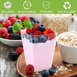 50 Pcs 150ml Square Dessert Cups with Spoons, Clear Plastic Parfait Cup for Party, Mini Serving Shooter Appetizer Cups, Dessert Shot Glasses for Tasting Samples Fruit Ice Cream