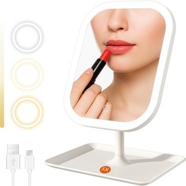 Kosmetikspiegel Wiederaufladbar Schminkspiegel mit Licht 1X/5X Vergrößerungsspiegel 3 Farben Dimmable Rasierspiegel Stehend Tischspiegel 270° Schwenkbar für Schminken Bilden Gesichtspflege und Reisen