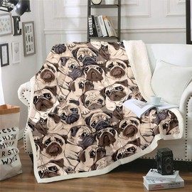 Kids Cute Dog Fleece Blanket Cartoon Pug Dog Sherpa Throw Blanket for Sofa Couch Brown Animal Theme Plush Blanket Pet Puppy Pattern Fuzzy Blanket Room Decor Flannel Blanket Baby 30"x40"