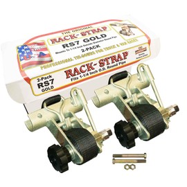 2 Pack, Rack-Strap, The Original American Made Ladder Rack Tie-Downs, Round Mounting Bracket, RS7 Gold 1-1/4 Inch Diameter Round Mounting Bracket, Bolt Mounting Hardware Included, 8 Foot Black Strap