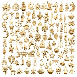 Pack of 100 Charms Pendants for Jewellery Crafts, Mixed Pendant Necklace and Vintage Aesthetic, Bracelet, Earrings, Necklace, Gold