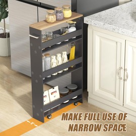 Giantex 4 Tier Rolling Storage Cabinet - Space Saving Kitchen Utility Cart Tower Rack for Narrow Places - Grey & Natural