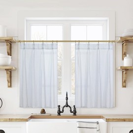 Coastal Beach Short Curtains for Kitchen Window,Semi Sheer Light Filtering White and Blue Pattern Grand Millenial Curtains for Living Room 24 Inch Length