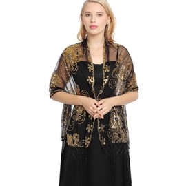 OurLore Women's Glittering 1920s Shawl Scarf Mesh Sequin Wedding Bridal Cape Fringed Evening Wraps Shawls (B-Black Gold)