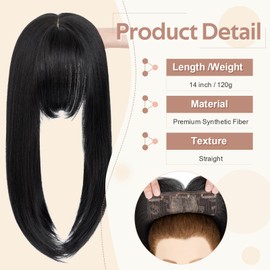 SEGOHAIR Synthetic Hair Topper for Women, 6"x6" Lace Base, Covers Gray Hair, Thinning, High Hairlines, Soft Natural Straight, Easy to Apply with 4 Clips, Center Parted Bangs 14" Natural Black