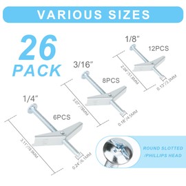 26Pcs 3 Sizes Hollow Wall Anchors 1/8”12pcs 3/16”8pcs 1/4”6pcs Heavy Duty Butterfly Anchors for Drywall, Toggle Bolts and Wing Nut Kit, Metal Drywall Anchors and Screws Assortment Set