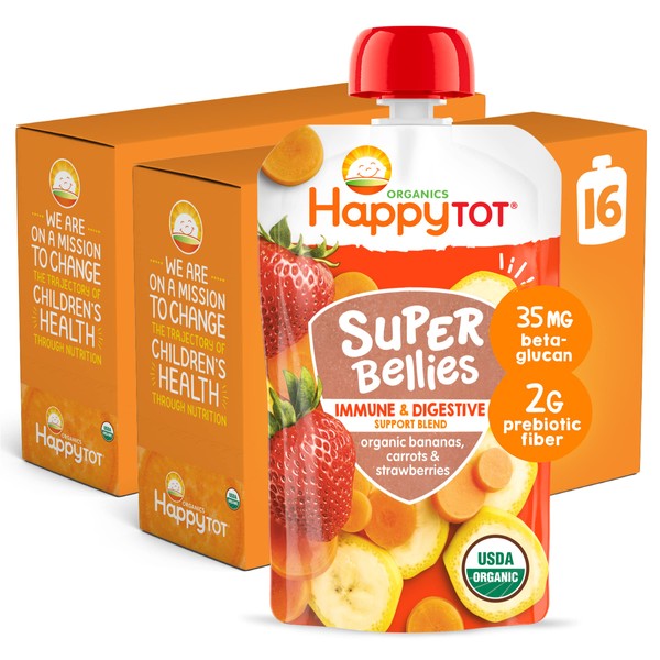 Happy Tot Organics Super Bellies Stage 4, Organics Banana, Carrot and Strawberry, 4 Ounce Pouch (Pack of 16)