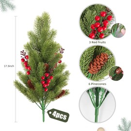 RECUTMS 4Pcs/43cm Mini Artificial Christmas Tree Decorations Xmas Tree Pine Needles Branches With Pine Cone Red Berry For Christmas Table Decoration Winter Holiday Indoor Outdoor Decor（ Green)