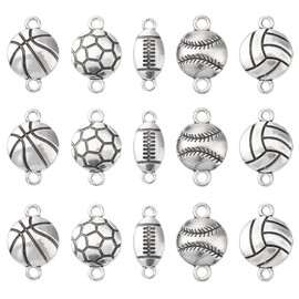 Ipotkitt 50 Pcs 5 Styles Antique Style Sport Ball Connector Charms Cute Basketball Baseball Football Rugby Colleyball Charms Links for Jewelry Making