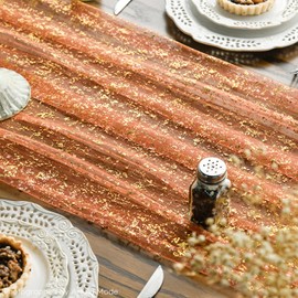 Artoid Mode Orange Gold Gauze Table Runner 70x300 cm, Glitter Metallic Foil Sheer Cheesecloth Dining Holiday Table Decor for Home Party