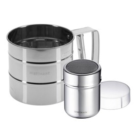 Westmark 2 x icing sugar shakers, fine flour sieve with one-handed operation, made of 100% stainless steel, set of 2, dishwasher safe, silver, 250 g volume, 321522E7