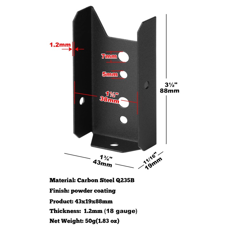 20 Pcs 2x4 Fence Bracket,Thickness1.2mm(18 Gauge) Black Deck Rail Bracket