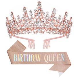 Papoopy Birthday Tiara Crown with Sash for Women and Girls, Headband Hair Accessories for Wedding Party Costume Rose