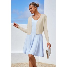 Newshows Womens Summer Fashion Cropped Cardigan Open Front Button Down Knit Bolero Shrug Trendy 2025 Long Sleeve V Neck Business Casual Sweaters (Apricot,M)