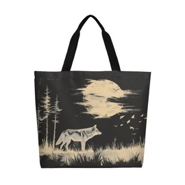 Muishi Vintage Wolf Moon Canvas Tote Bag Large Women Casual Shoulder Bag Handbag Reusable Beach Shopping Grocery Bag For Outdoors