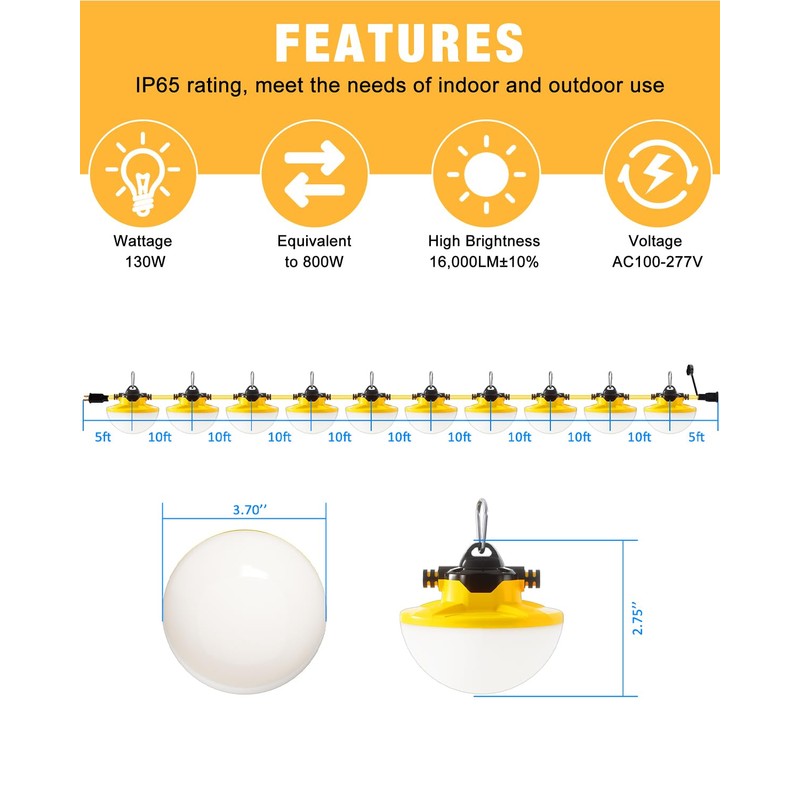 JC-LGL 100FT Construction String Light 130W 16000Lm, 5000K Industrial Grade