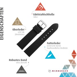 MARBURGER Watch Strap 19 mm Leather Tool Assembly Set 52519, Black/silver, Strap.